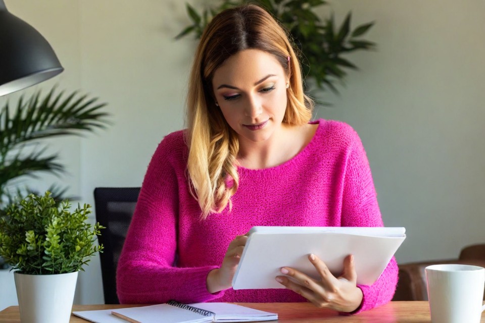 Woman entrepreneur working through GEO audit checklist at desk, reviewing online business optimisation tasks